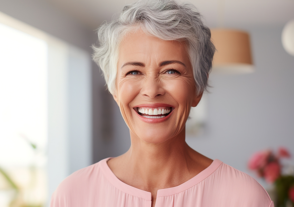Smiling woman with short gray hair